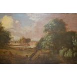 Oil on canvas, possibly English Civil War scene with figures before a lake and village,