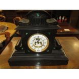 19th Century black slate and malachite inlaid mantel clock, the enamel dial with Roman numerals,