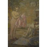 Harold Hope Read, oil on paper, bedroom scene with a lady dressing, 11ins x 10ins,