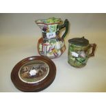 Masons Ironstone jug decorated with chinoiserie scene, small Majolica jug with pewter lid,