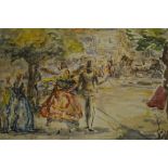 Harold Hope Read, watercolour, Victorian street scene with figures,