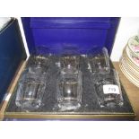 Boxed set of six Stuart crystal tumblers made for the Cunard Steam Ship Co.