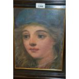 Ebonised framed oil, head study of a young lady, indistinctly signed,