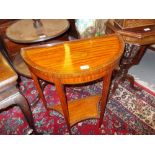 Small 19th Century satinwood chevron banded and shell inlaid half round console table on slender