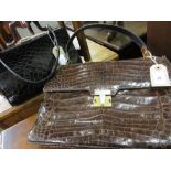 Large vintage brown leather crocodile skin handbag together with a smaller ladies brown and black