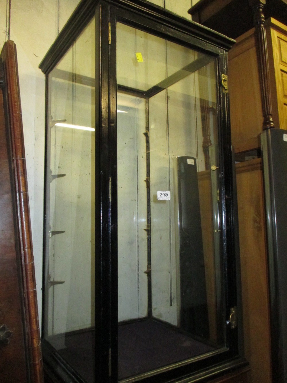 Ebonised and four glass table top shop display cabinet