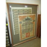 Framed Chinese bond, 1913 together with a framed Russian bond,