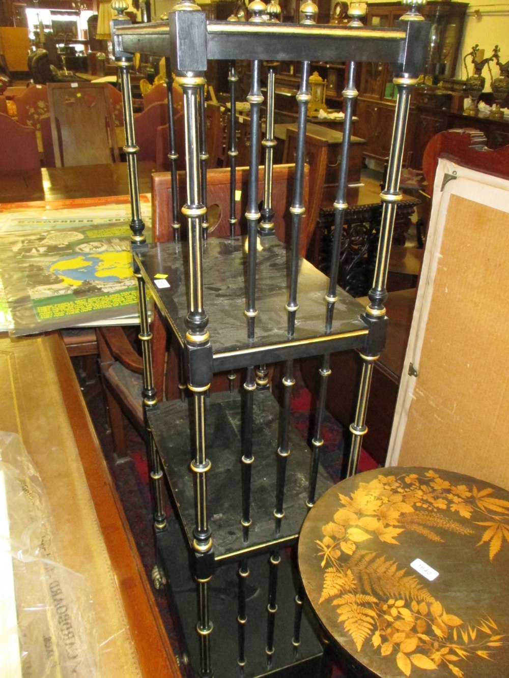 19th Century ebonised and gilded four tier whatnot with drawer to base