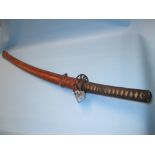Japanese Samurai sword with bound shagreen grip and iron tsuba with a brown leather scabbard and