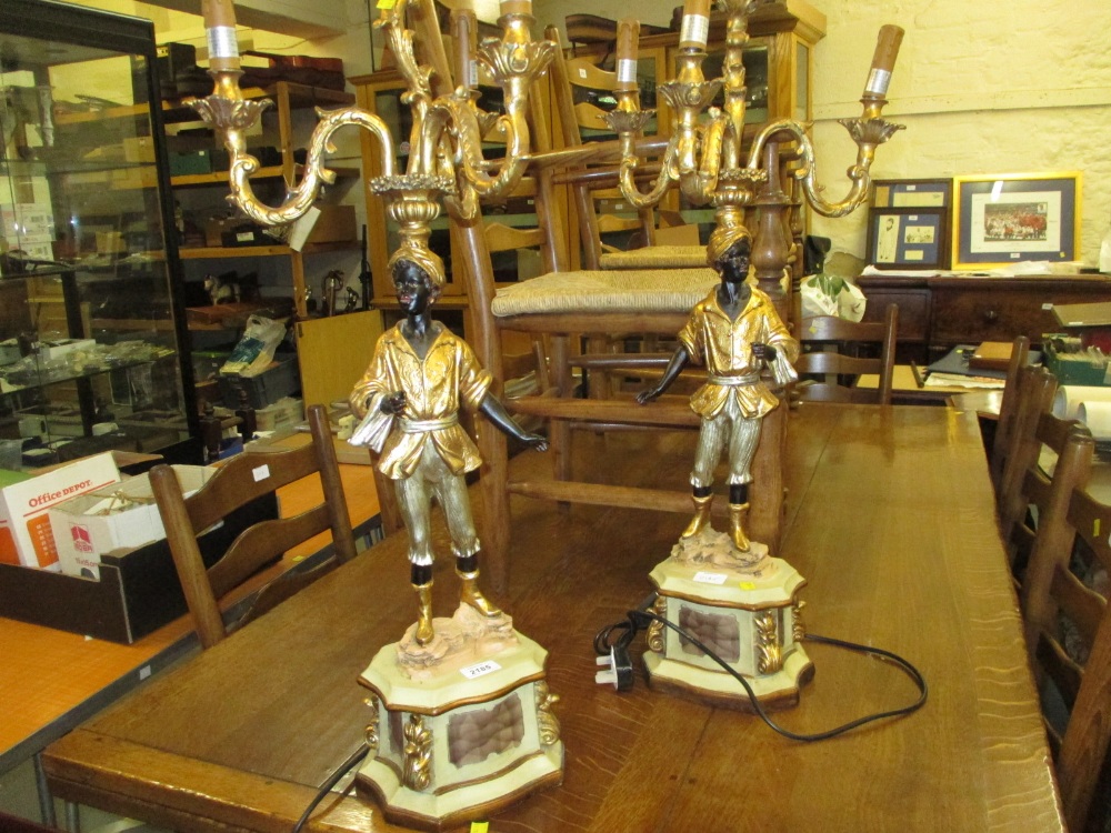 Pair of 20th Century Blackamoor type gilded and painted composite four branch table lamps