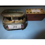 Small gilt metal trinket box with pictorial inset lid, a boxed set of miniature dominoes,