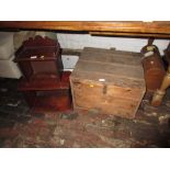 19th Century pine box with iron clasp and a mahogany three shelf wall bracket
