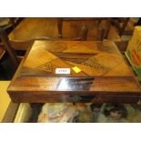 Japanese parquetry inlaid sarcophagus shaped work box with lacquered interior