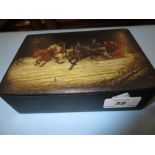 Russian rectangular papier mache cigarette box with a painted Troika scene to the cover,
