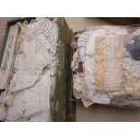 Two small boxes containing a large quantity of various 19th Century crochet and lace including: