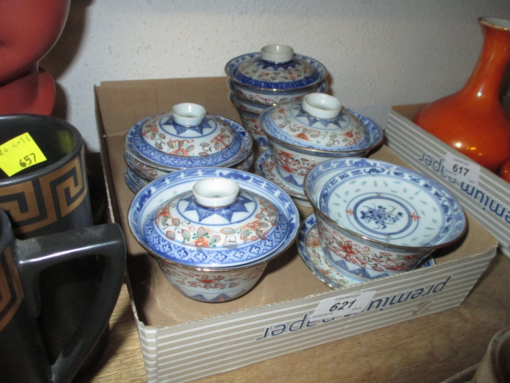 Set of six oriental cups, saucers and bowls with blue,