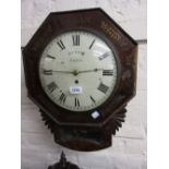 Regency mahogany and brass inlaid octagonal drop-dial wall clock,