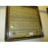 Early Victorian alphabet and motto sampler, signed Mary Elizabeth Ferguson, 1842, (some damages),