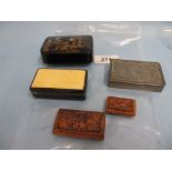 Group of five various 19th Century snuff boxes including a rectangular pewter box,