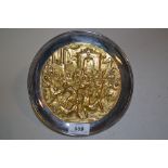19th Century French silver plated and gilt metal mounted tazza decorated with a relief work plaque