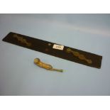 19th Century ebony and brass mounted maritime parallel rule with a silver plated Bosun's whistle,