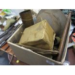 Box containing a quantity of various military related items including two helmets, binoculars,