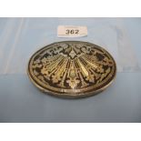 19th Century continental oval white metal and mother of pearl inlaid snuff box with engraved