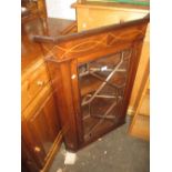 George III mahogany and line inlaid hanging corner cabinet with single bar glazed door