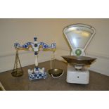 Pair of white painted balance scales by Avery together with a white painted set of scales with