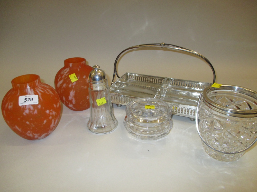 Three silver plated and glass serving items, pair of Art glass vases,