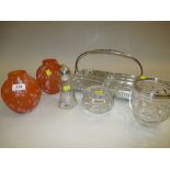 Three silver plated and glass serving items, pair of Art glass vases,