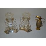 Pair of London silver cut glass mounted bud vases together with a small French gilt metal