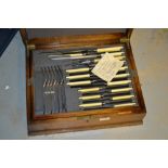 Oak cased silver plated six place setting canteen of cutlery in Old English pattern