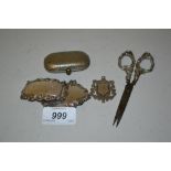 Pair of silver decanter labels, pair of silver mounted scissors,