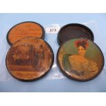 19th Century circular snuff box mounted with a coloured print, titled ' Picking a Drumstick ',