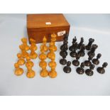 Staunton pattern boxwood and ebony chess set in original mahogany box, the kings 3.