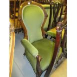 Victorian carved walnut open armchair raised on cabriole supports