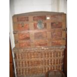 Large late 19th Century woven wicker basket with hinged cover and rope handles,