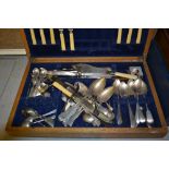 Oak canteen box containing miscellaneous silver and silver plated cutlery