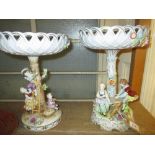 Near pair of mid 20th Century German porcelain comports with floral decorated and encrusted bowls