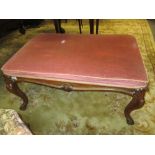 Large Victorian rosewood rectangular stool with an overstuffed seat on shell carved cabriole