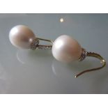 Pair of 18ct yellow gold freshwater pearl and diamond set drop earrings