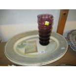 Pair of Defries & Sons oval pottery meat plates together with a Whitefriars type mauve glass vase