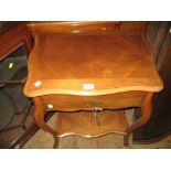 20th Century kingwood side table having hinged top above a single drawer with undertier and