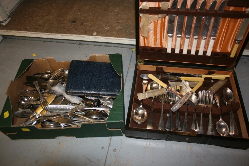 Oak cased canteen containing a silver plated set of cutlery together with a quantity of various