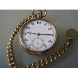 Gold plated open face pocket watch with white enamel dial having Arabic numerals,