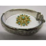 9ct Yellow gold star form mother of pearl and turquoise set brooch (a/f) and a silver floral