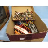 Box containing a quantity of various die-cast model vehicles together with a box of lead soldiers