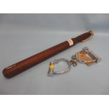 Military police wooden truncheon together with a pair of Hiatt handcuffs