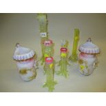Group of eight Victorian Vaseline Thorn and other glass vases
